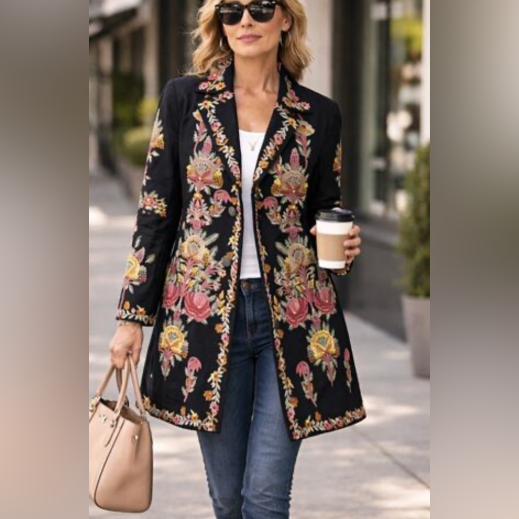 Paparazzi By Biz Black Cotton Twill Floral Embroidered Black Coat Size L